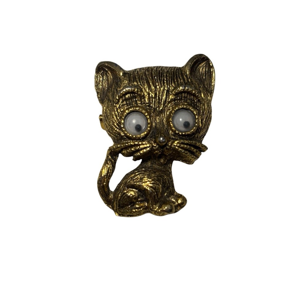 Vintage Gold Tone Googly Eyed Big Head Kitty Cat Kitten Brooch Pin